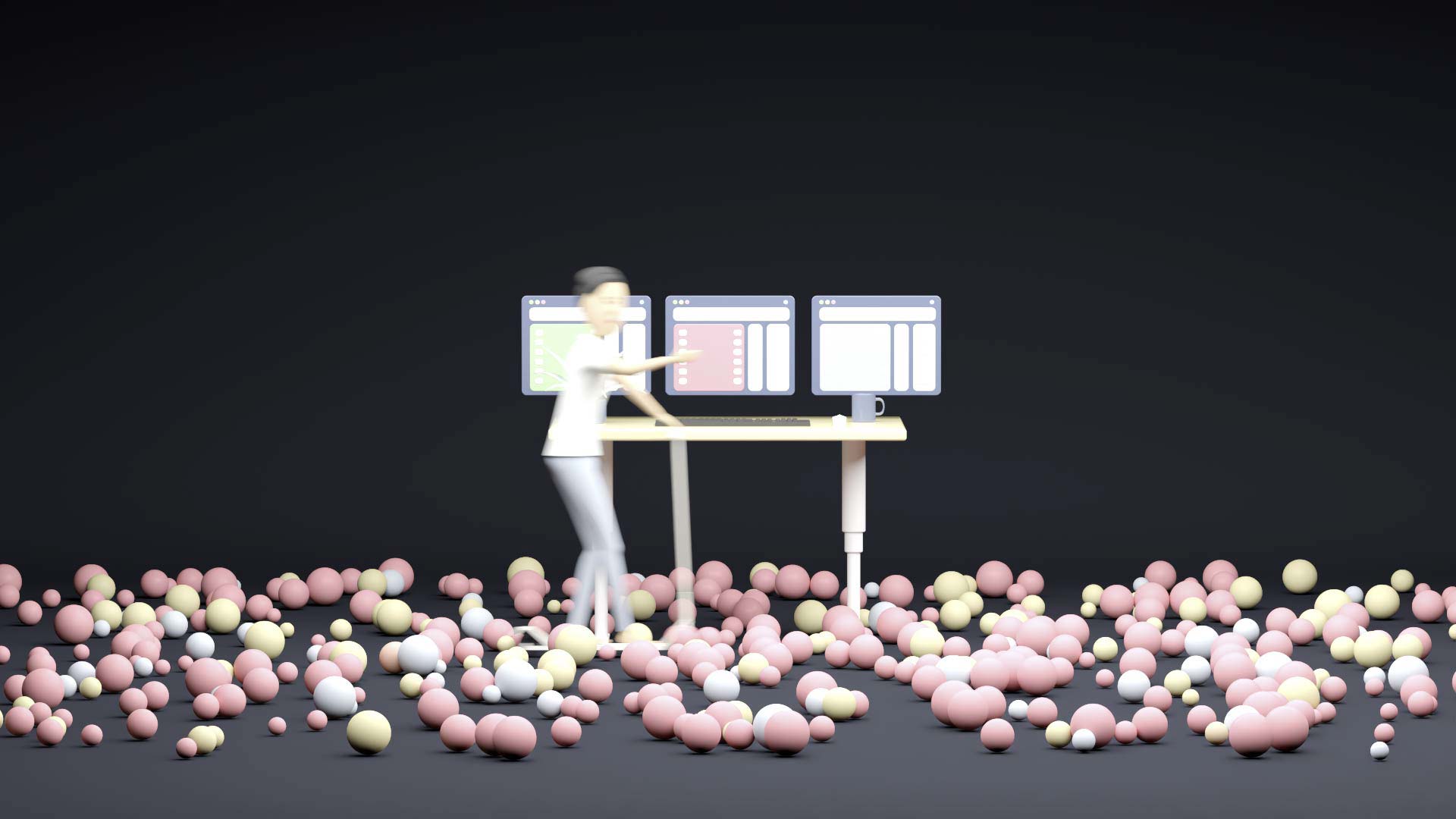 A co-worker enters the workspace represented by a height-adjustable desktop. The co-worker uses an e-scooter. In the room, there are numerous rolling balls representing itesign-developed apps.